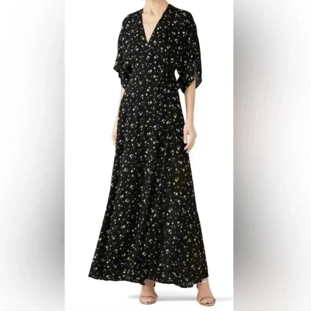 Reformation Dark Floral Wrap Dress Kimono Sleeve Long Maxi Venezia Winslow